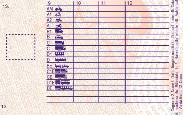 I codici sono riportati sulla pagina 2 (retro) della patente formato card si distinguono in codici: UE armonizzati (codici da 01 a 99), nazionali (codice 100 e superiori), validi nello Stato membro che ha rilasciato il documento;